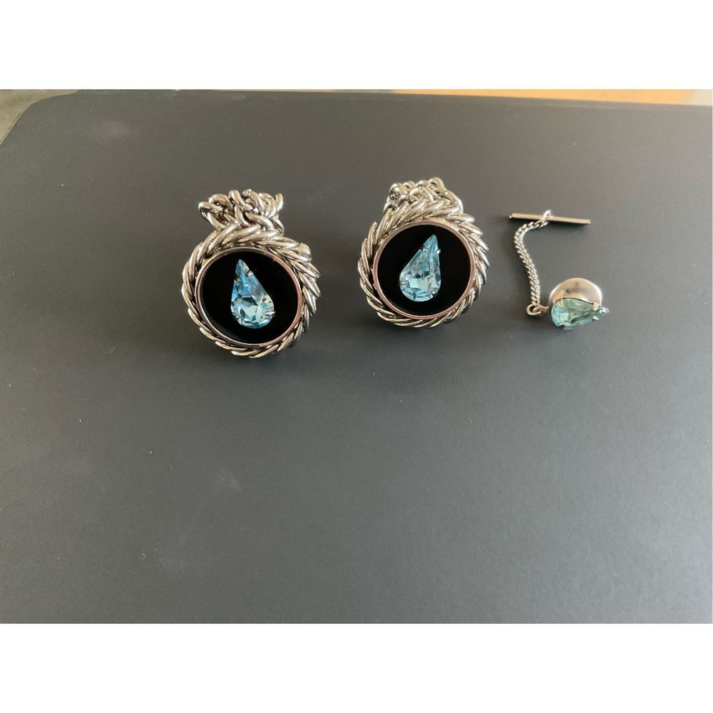 Aquamarine Tone Silver-Toned Chainlink Bold Cufflinks and Tie Pin - Picture 1 of 4